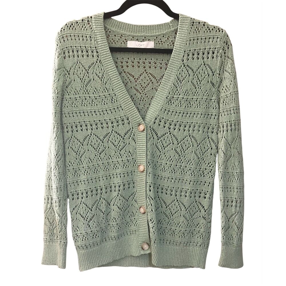 Loft button front pointelle style knit long sleeve cardigan